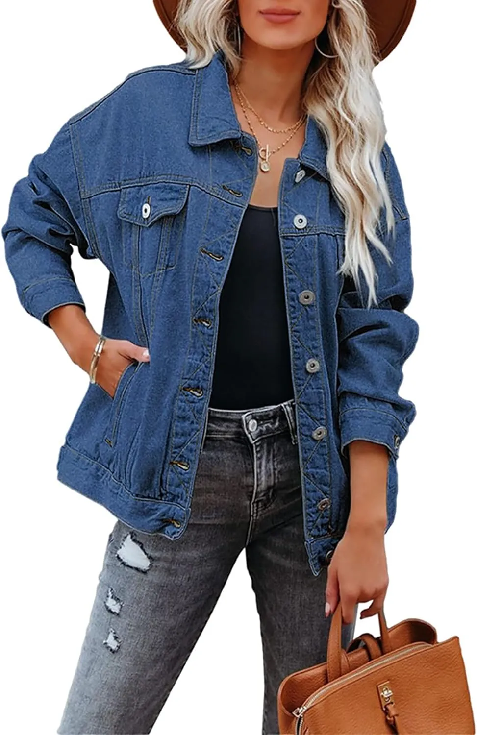 Women's Denim Jacket Oversized Trucker Jean Jacket Long Sleeve Button Front Boyfriend Jean Coats Outerwear