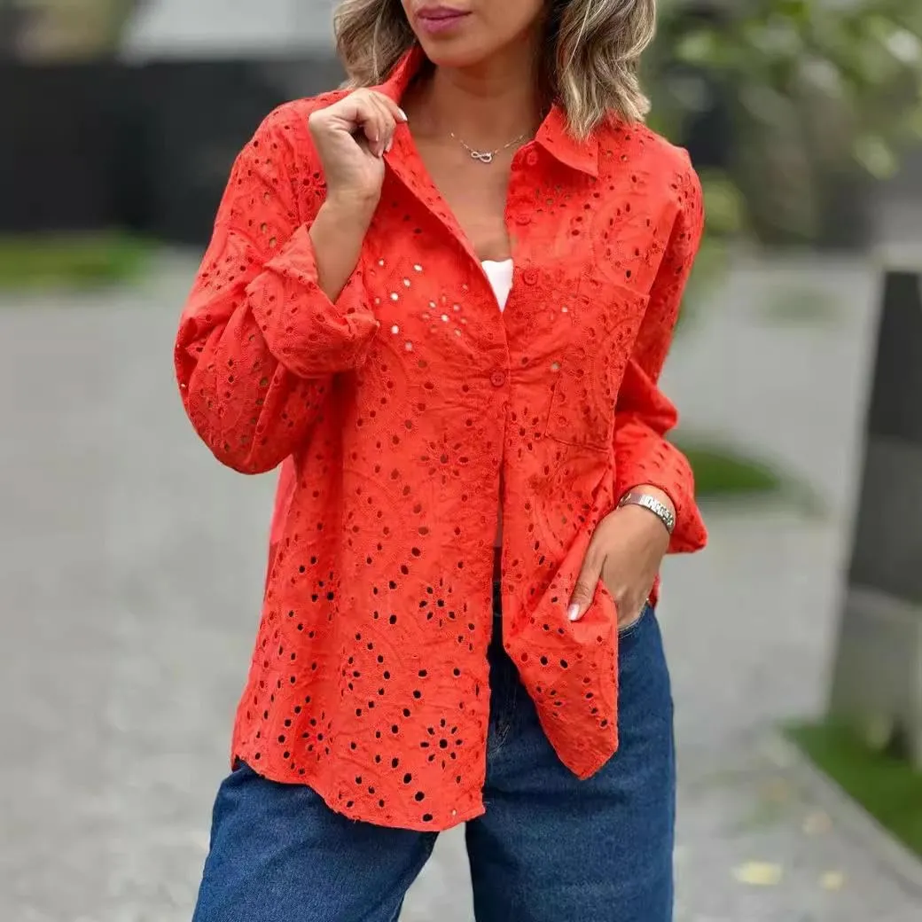 Women's Eyelet Lace Blouse – Long Sleeve Button Down Cotton Shirt, Casual Boho Hollow Out Top