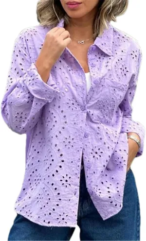 Women's Eyelet Lace Blouse – Long Sleeve Button Down Cotton Shirt, Casual Boho Hollow Out Top