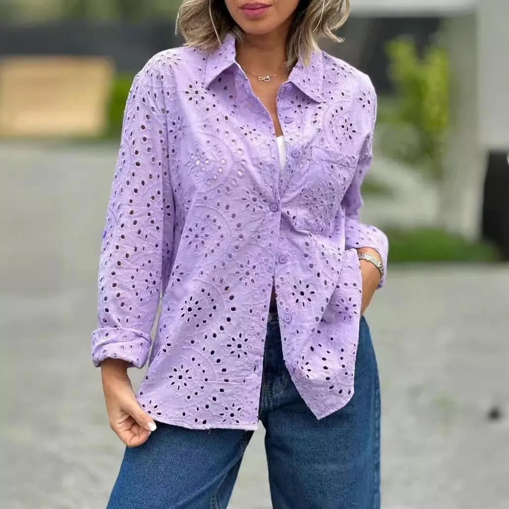 Women's Eyelet Lace Blouse – Long Sleeve Button Down Cotton Shirt, Casual Boho Hollow Out Top