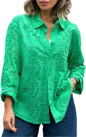 Women's Eyelet Lace Blouse – Long Sleeve Button Down Cotton Shirt, Casual Boho Hollow Out Top