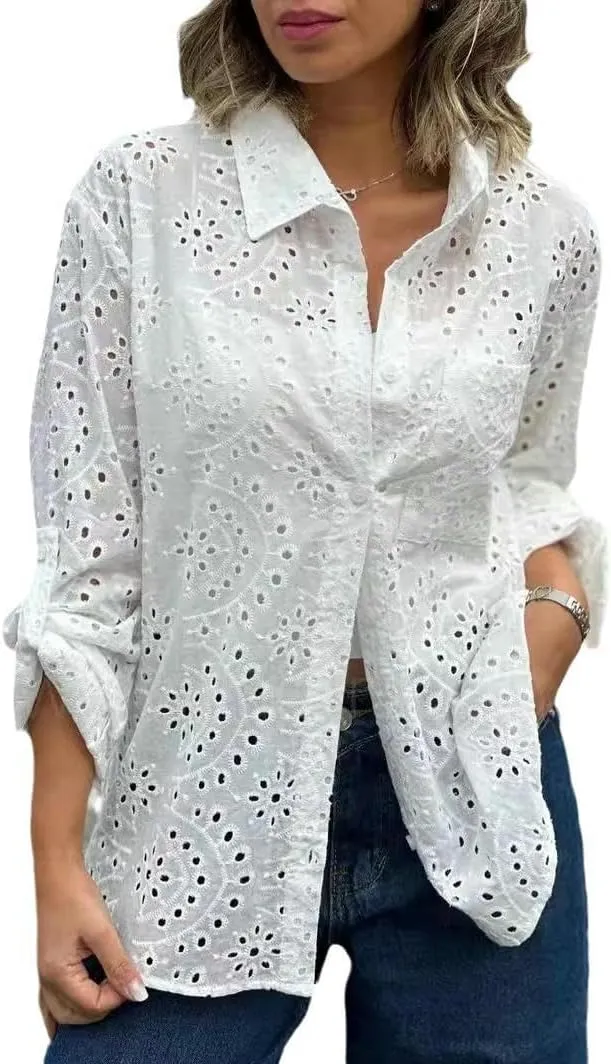 Women's Eyelet Lace Blouse – Long Sleeve Button Down Cotton Shirt, Casual Boho Hollow Out Top