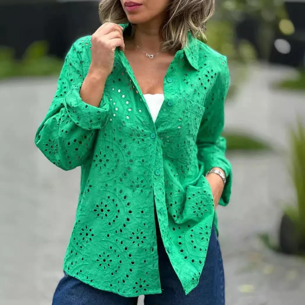 Women's Eyelet Lace Blouse – Long Sleeve Button Down Cotton Shirt, Casual Boho Hollow Out Top