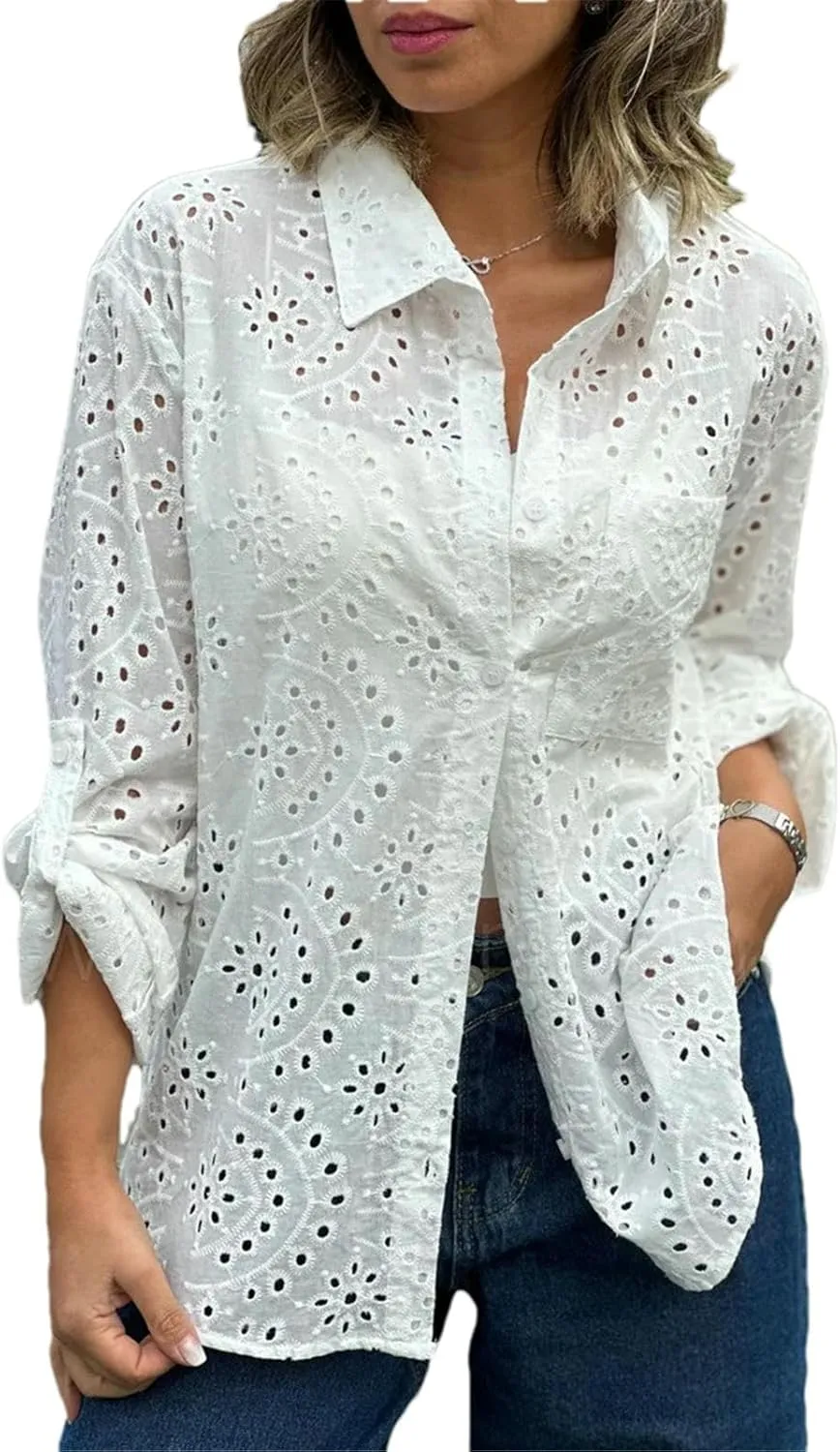 Women's Eyelet Lace Blouse – Long Sleeve Button Down Cotton Shirt, Casual Boho Hollow Out Top