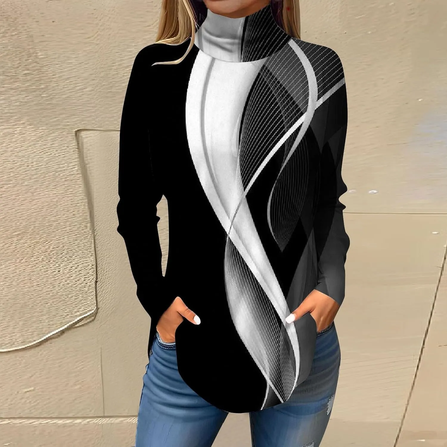 Womens Fall Tops Printing Long Sleeve Sweatshirts Turtleneck Vintage Pullover Tunic Y2k Shirt Fashion Casual Blouses
