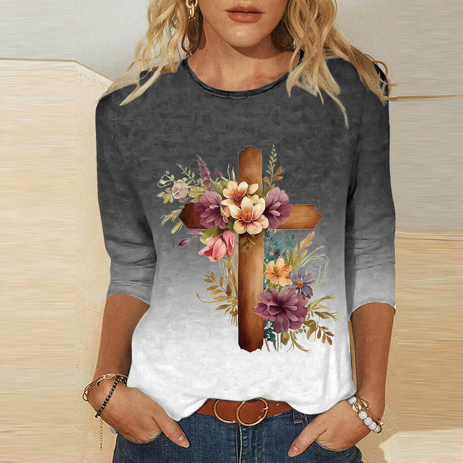 Womens Jesus Shirts Christian Cross Graphic 3/4 Sleeve Tops Crewneck Pullover Blouse 2024 Easter Gifts Tunic Tshirt