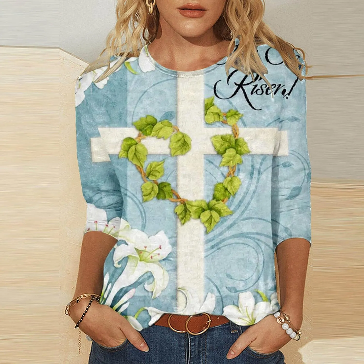 Womens Jesus Shirts Christian Cross Graphic 3/4 Sleeve Tops Crewneck Pullover Blouse 2024 Easter Gifts Tunic Tshirt