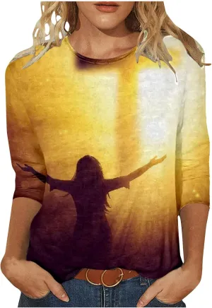 Womens Jesus Shirts Christian Cross Graphic 3/4 Sleeve Tops Crewneck Pullover Blouse 2024 Easter Gifts Tunic Tshirt