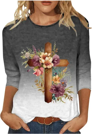 Womens Jesus Shirts Christian Cross Graphic 3/4 Sleeve Tops Crewneck Pullover Blouse 2024 Easter Gifts Tunic Tshirt