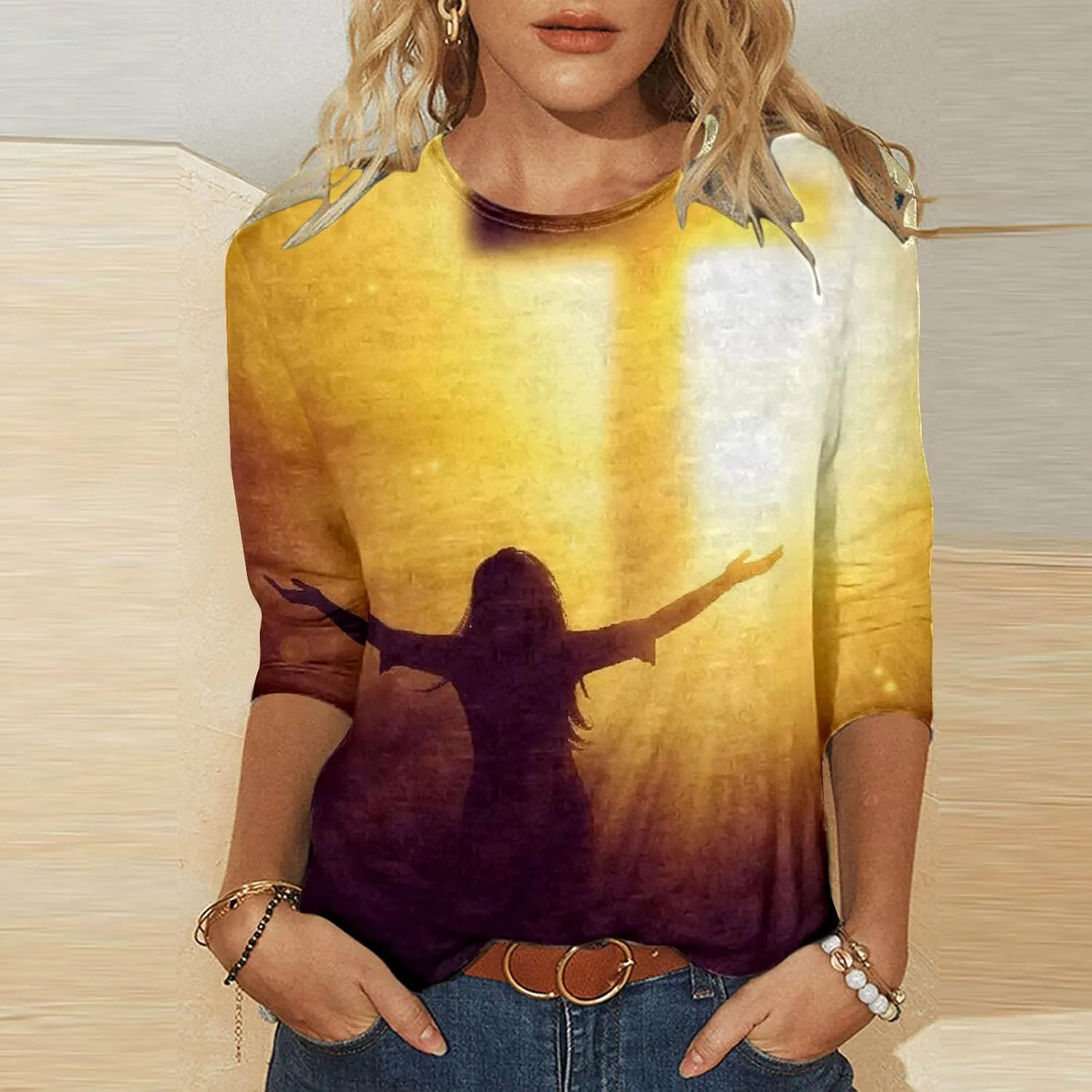 Womens Jesus Shirts Christian Cross Graphic 3/4 Sleeve Tops Crewneck Pullover Blouse 2024 Easter Gifts Tunic Tshirt