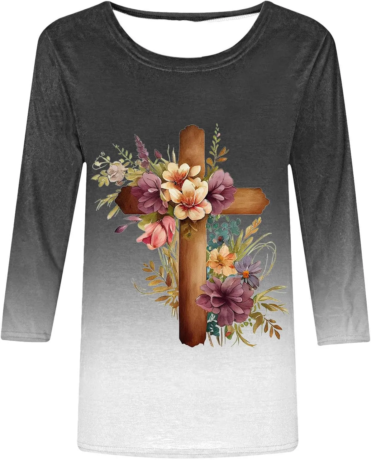 Womens Jesus Shirts Christian Cross Graphic 3/4 Sleeve Tops Crewneck Pullover Blouse 2024 Easter Gifts Tunic Tshirt