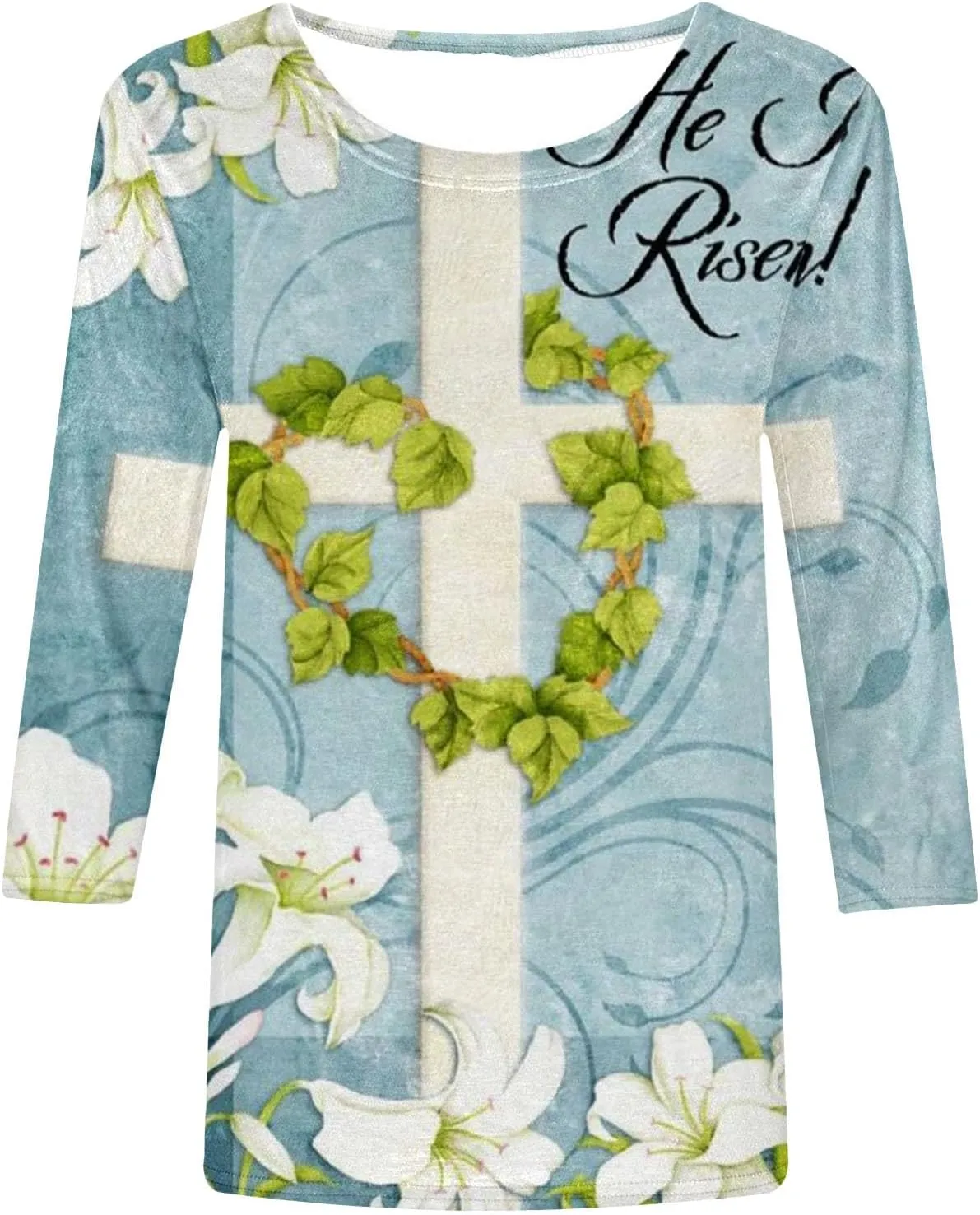 Womens Jesus Shirts Christian Cross Graphic 3/4 Sleeve Tops Crewneck Pullover Blouse 2024 Easter Gifts Tunic Tshirt