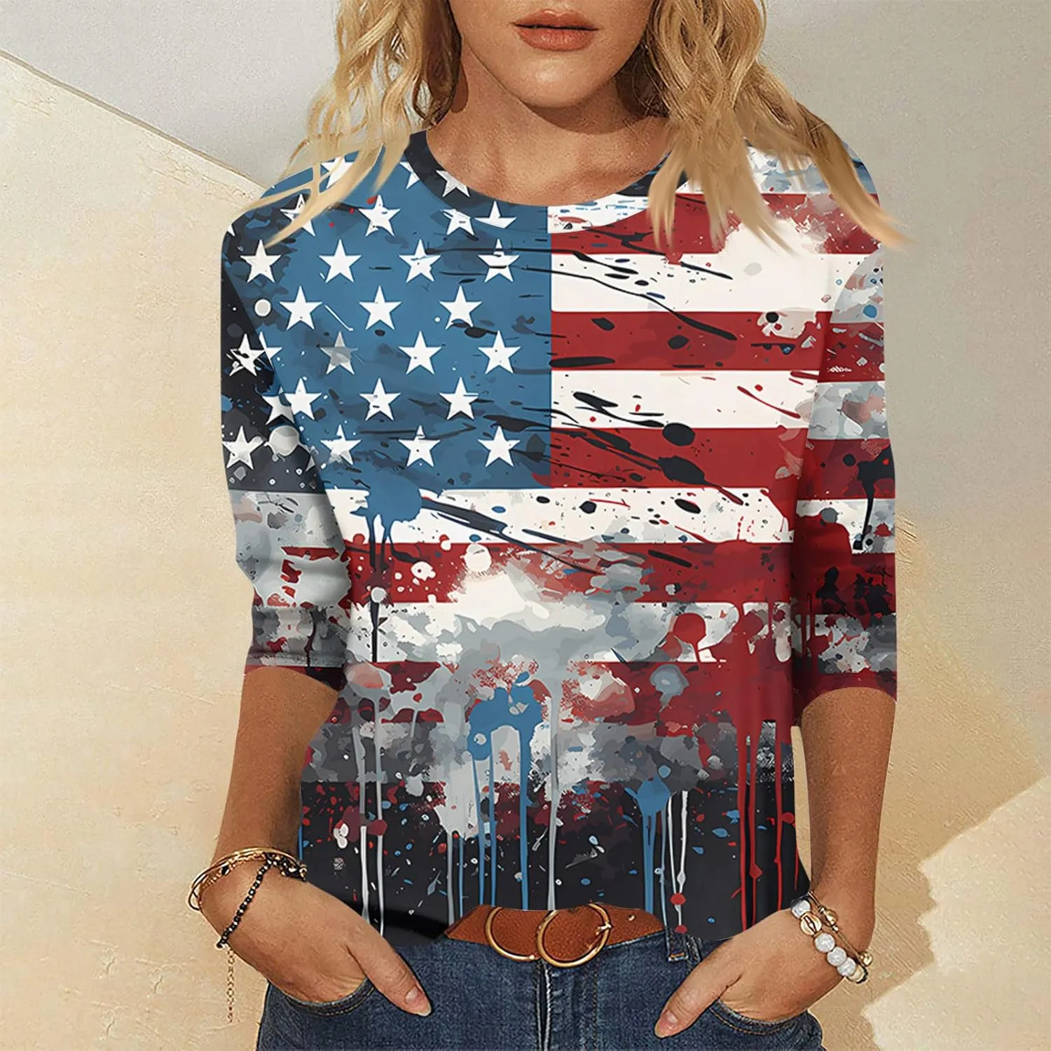 Womens July 4th Loose Trendy 3/4 Sleeve Shirts Independence Day Patriotic Casual Tops USA Flag Stars Stripes Blouse