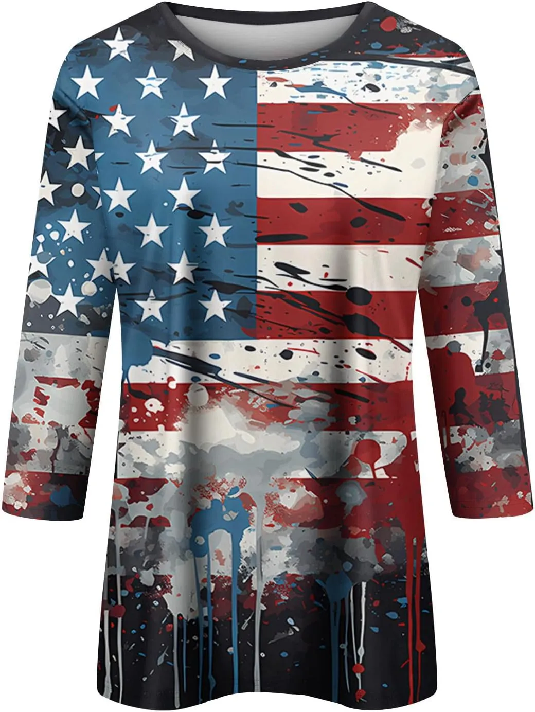 Womens July 4th Loose Trendy 3/4 Sleeve Shirts Independence Day Patriotic Casual Tops USA Flag Stars Stripes Blouse