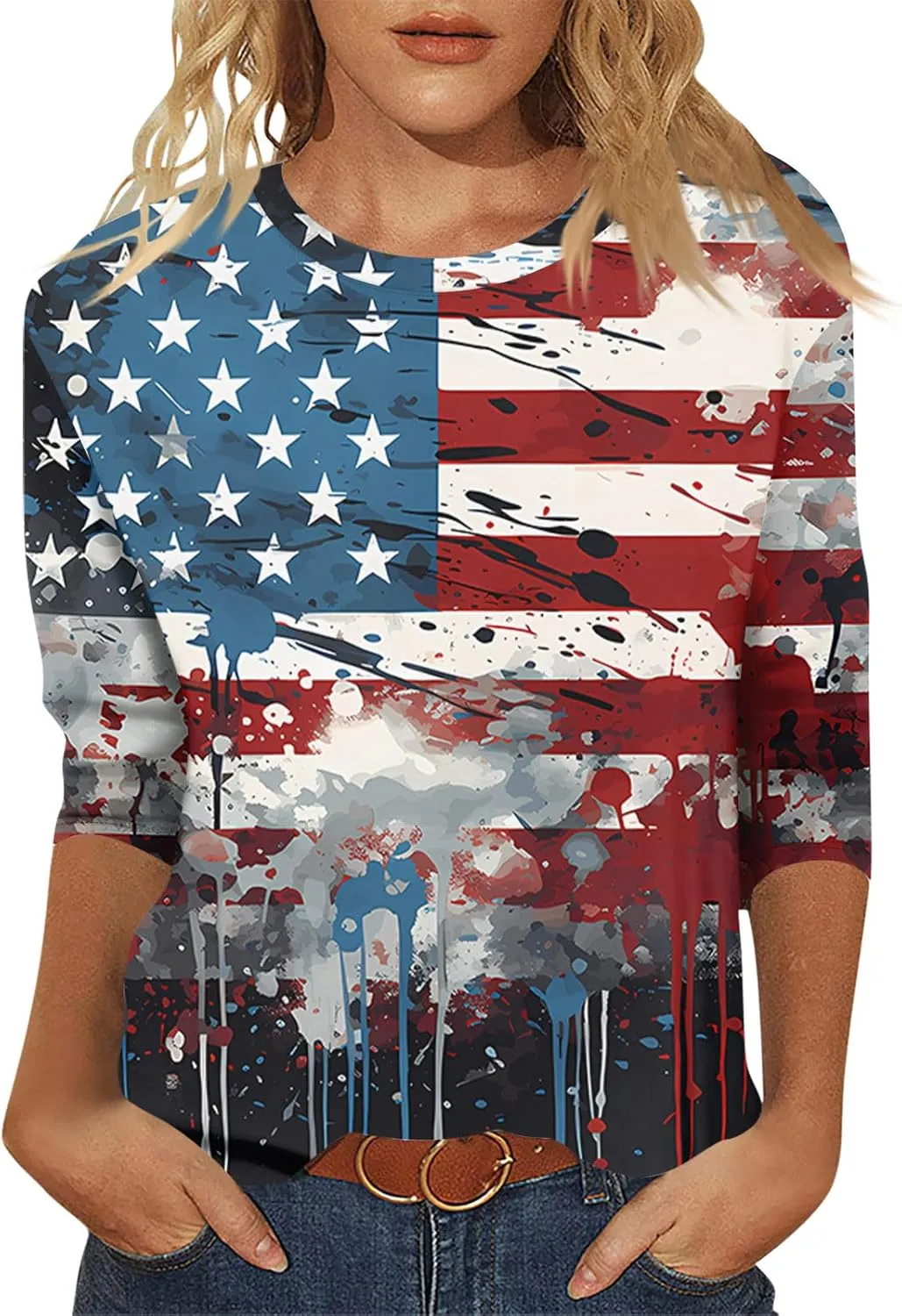 Womens July 4th Loose Trendy 3/4 Sleeve Shirts Independence Day Patriotic Casual Tops USA Flag Stars Stripes Blouse
