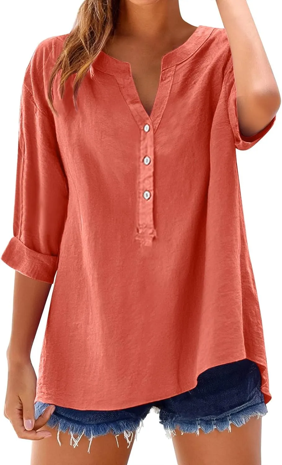Women's Linen Button Down Shirts 2025 Short Sleeve V Neck Tshirts Light Weight Plain Blouses Casual Fit Tunic Tops
