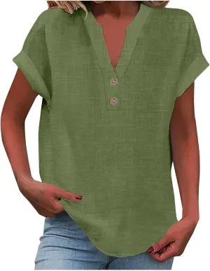 Womens Linen Shirts Short Sleeve V Neck Henley Shirts Solid Hippie T Shirts Summer Casual Dressy Blouses Boho Tunics
