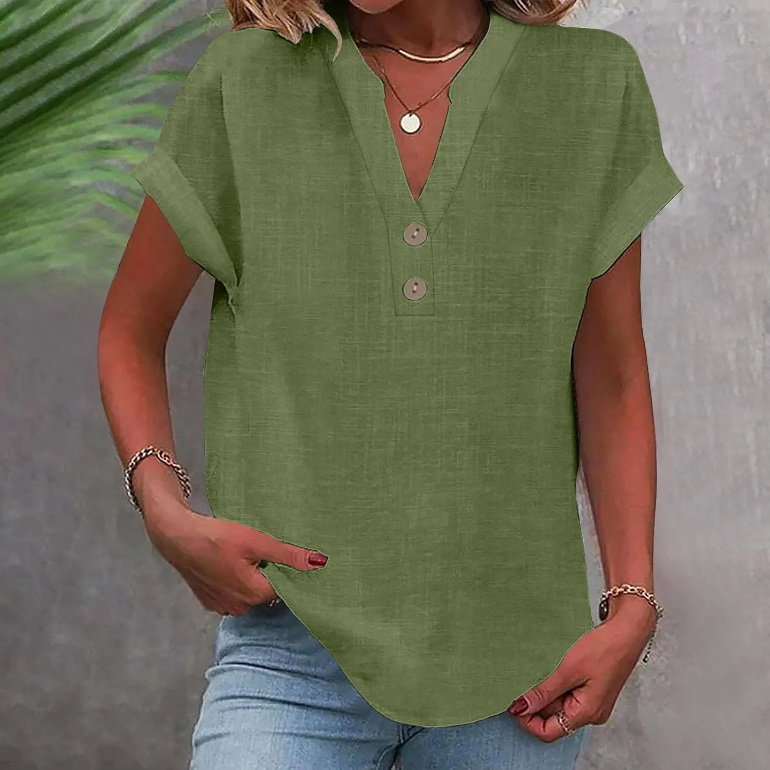 Womens Linen Shirts Short Sleeve V Neck Henley Shirts Solid Hippie T Shirts Summer Casual Dressy Blouses Boho Tunics
