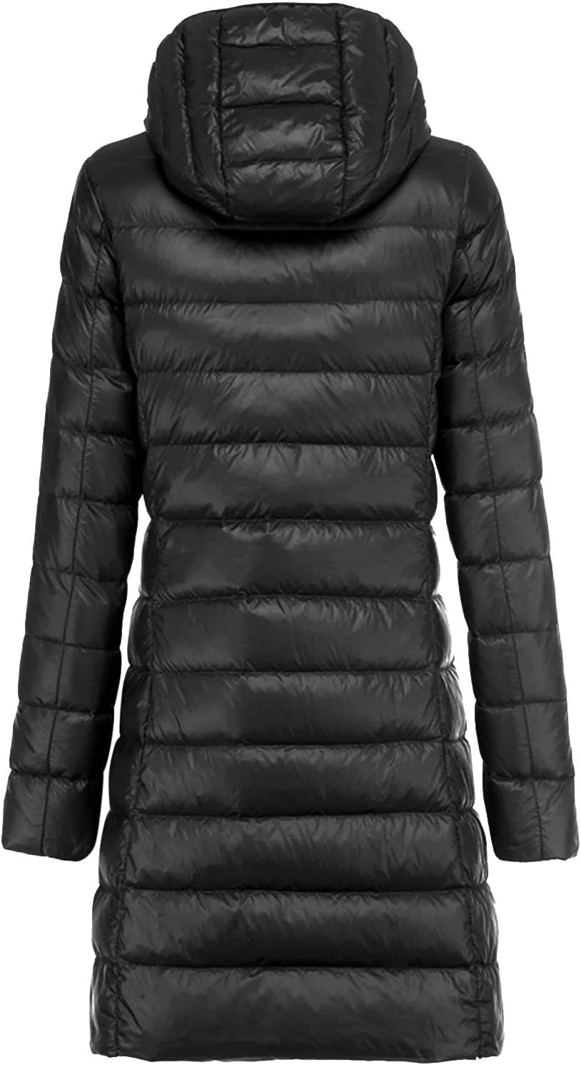 Womens Long Puffer Jacket Casual Lightweight Long Sleeve Hooded Down Coat Packable Zip Up Outwear 2024 Winter Coats