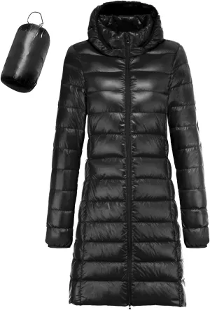 Womens Long Puffer Jacket Casual Lightweight Long Sleeve Hooded Down Coat Packable Zip Up Outwear 2024 Winter Coats