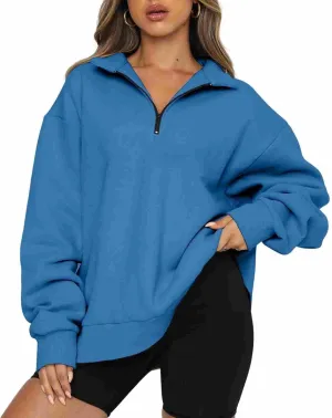 Womens Long Sleeve Hoodless Sweatshirt Trendy Quarter Zip Athletic Casual Pullover Tops Fall Warm Solid Color Top