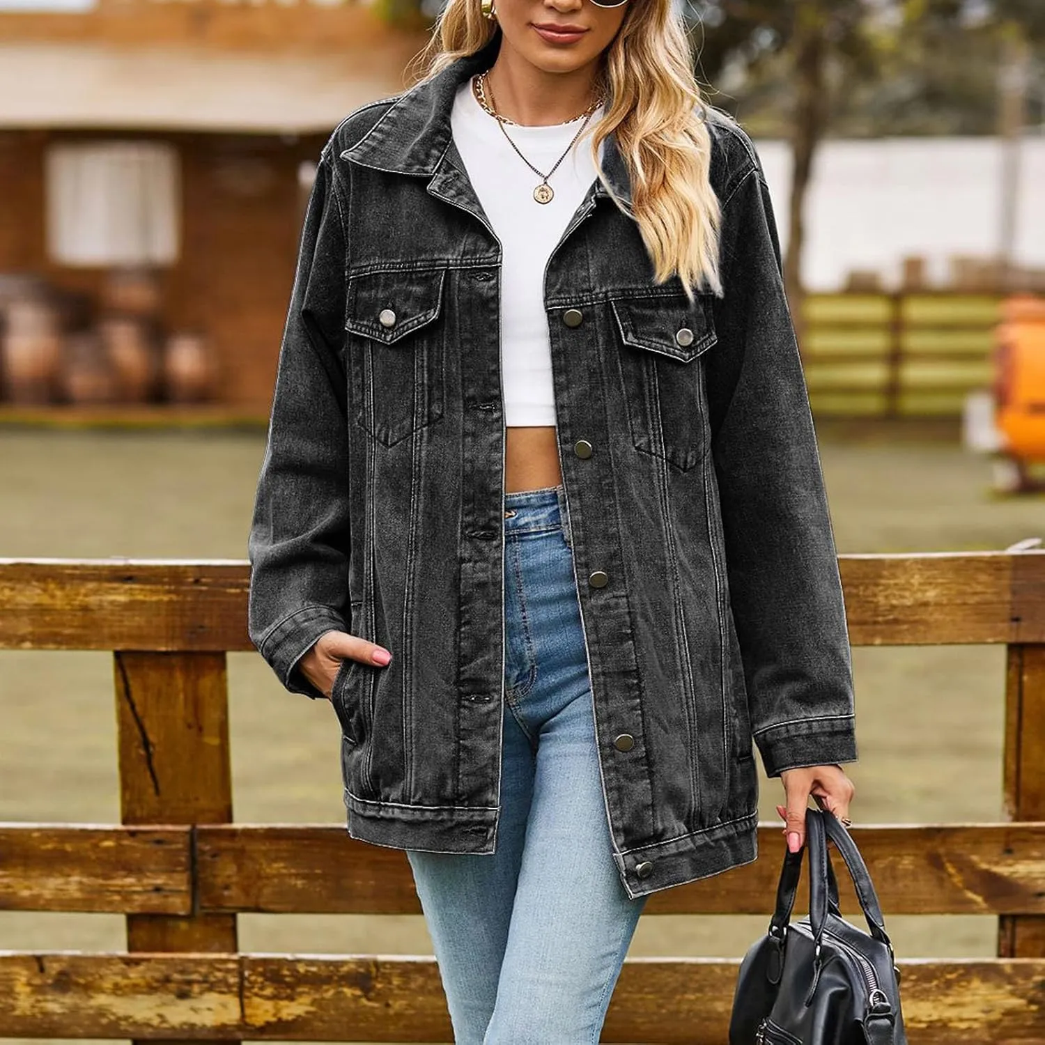 Women's Oversized Denim Jacket Dressy Casual Jean Coats Loose Boyfriend Distressed Jean Jackets Autumn Spring Outwear