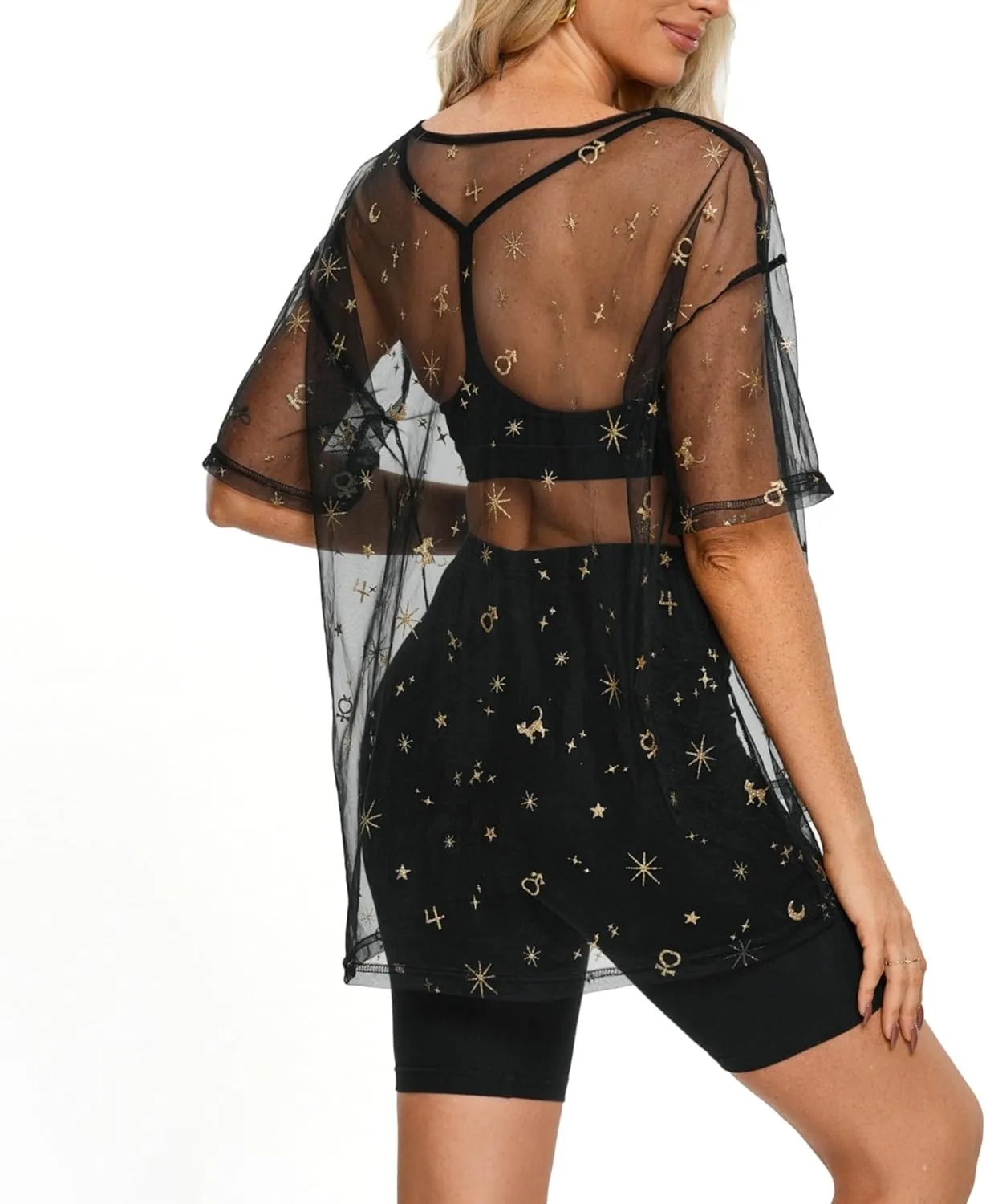 Womens Oversized T Shirts Short Sleeve Mesh Top Sheer Blouse See Through Glitter Tops Y2K Clubwear