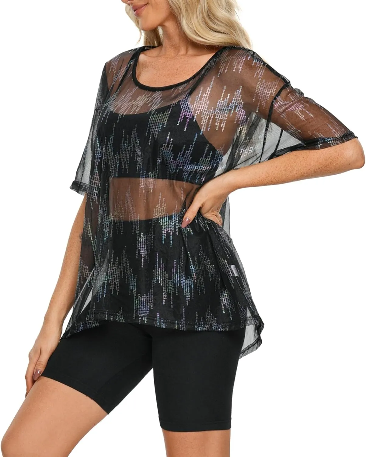 Womens Oversized T Shirts Short Sleeve Mesh Top Sheer Blouse See Through Glitter Tops Y2K Clubwear
