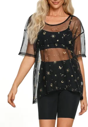 Womens Oversized T Shirts Short Sleeve Mesh Top Sheer Blouse See Through Glitter Tops Y2K Clubwear