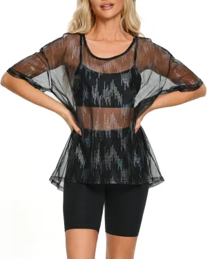Womens Oversized T Shirts Short Sleeve Mesh Top Sheer Blouse See Through Glitter Tops Y2K Clubwear