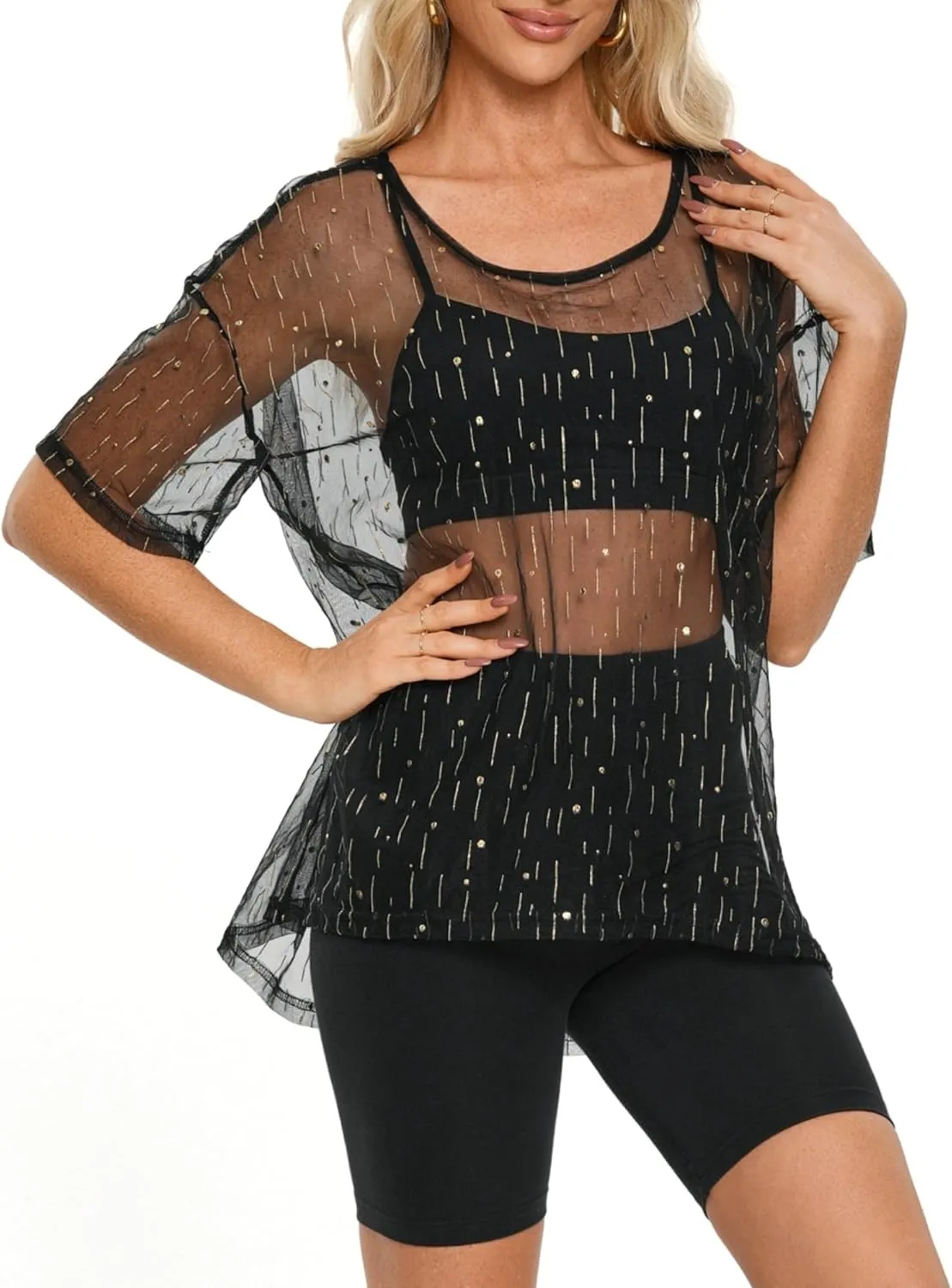 Womens Oversized T Shirts Short Sleeve Mesh Top Sheer Blouse See Through Glitter Tops Y2K Clubwear