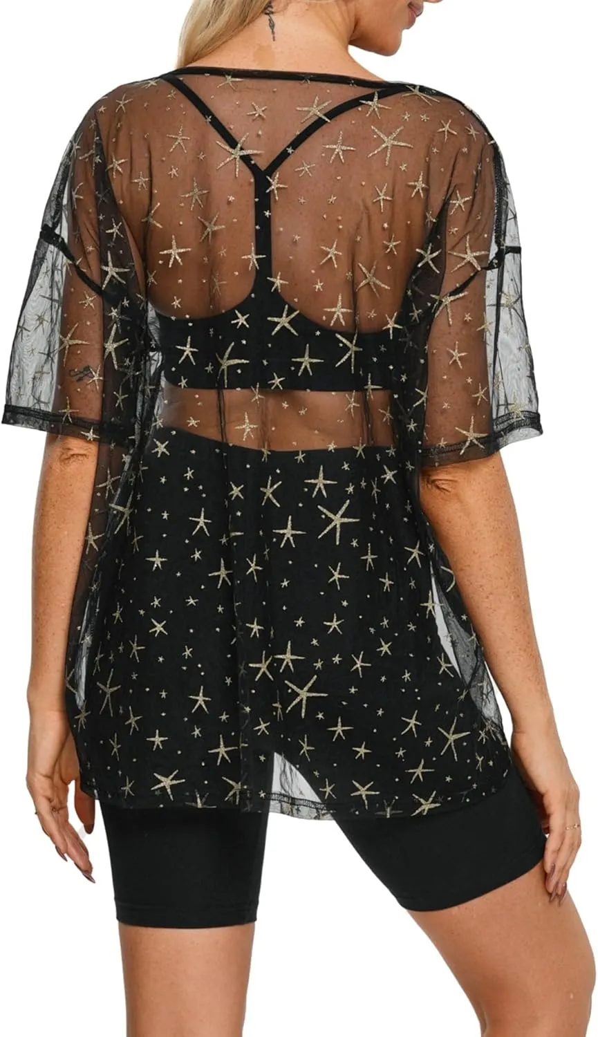 Womens Oversized T Shirts Short Sleeve Mesh Top Sheer Blouse See Through Glitter Tops Y2K Clubwear
