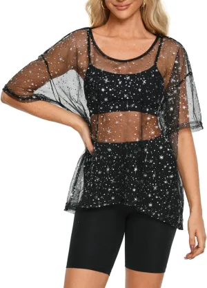 Womens Oversized T Shirts Short Sleeve Mesh Top Sheer Blouse See Through Glitter Tops Y2K Clubwear