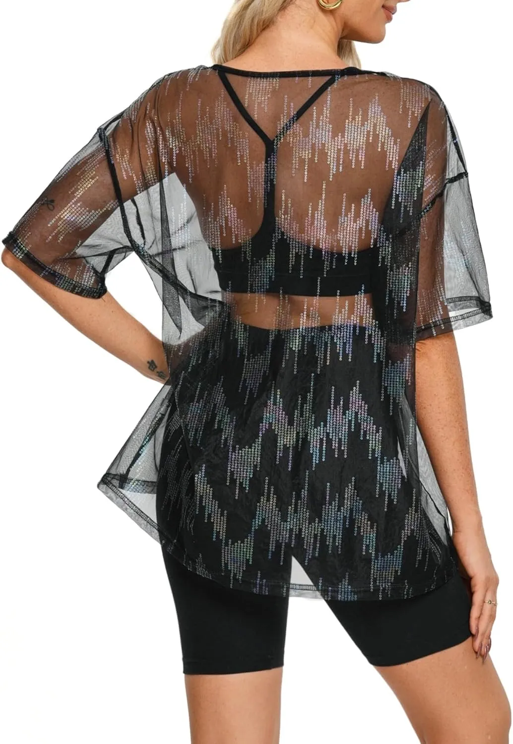 Womens Oversized T Shirts Short Sleeve Mesh Top Sheer Blouse See Through Glitter Tops Y2K Clubwear