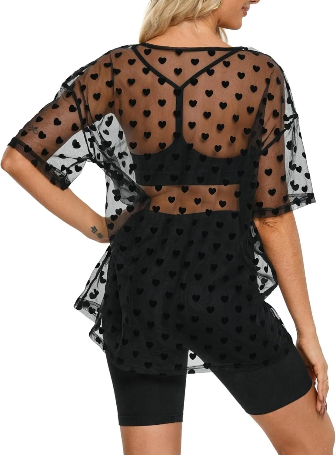 Womens Oversized T Shirts Short Sleeve Mesh Top Sheer Blouse See Through Glitter Tops Y2K Clubwear