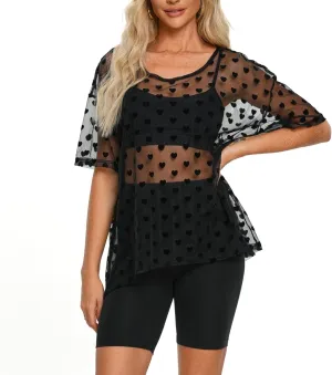 Womens Oversized T Shirts Short Sleeve Mesh Top Sheer Blouse See Through Glitter Tops Y2K Clubwear