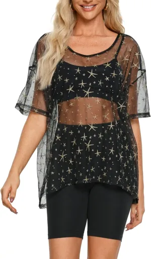 Womens Oversized T Shirts Short Sleeve Mesh Top Sheer Blouse See Through Glitter Tops Y2K Clubwear