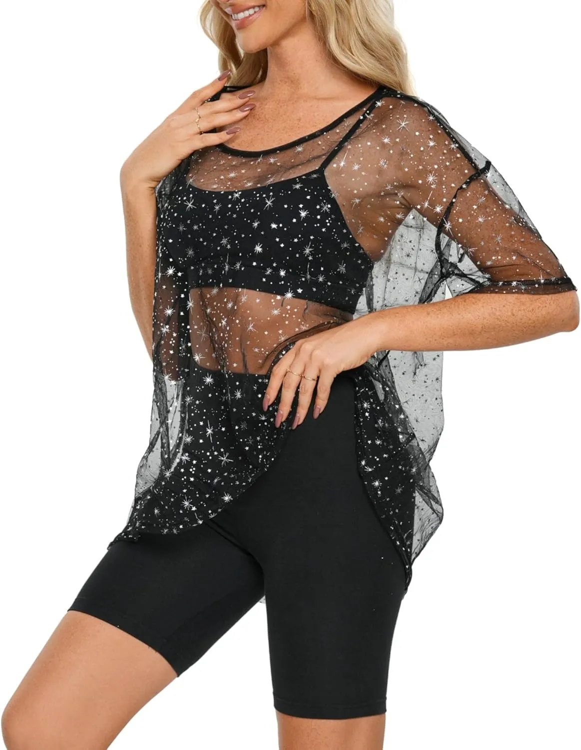Womens Oversized T Shirts Short Sleeve Mesh Top Sheer Blouse See Through Glitter Tops Y2K Clubwear