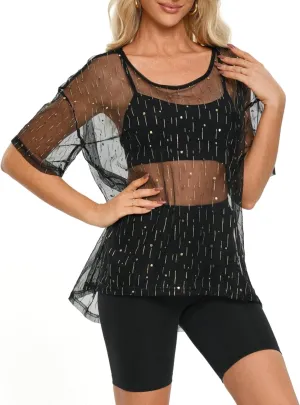 Womens Oversized T Shirts Short Sleeve Mesh Top Sheer Blouse See Through Glitter Tops Y2K Clubwear