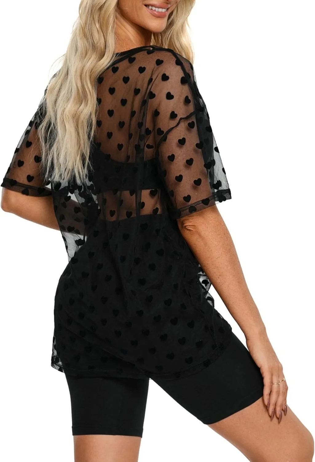Womens Oversized T Shirts Short Sleeve Mesh Top Sheer Blouse See Through Glitter Tops Y2K Clubwear