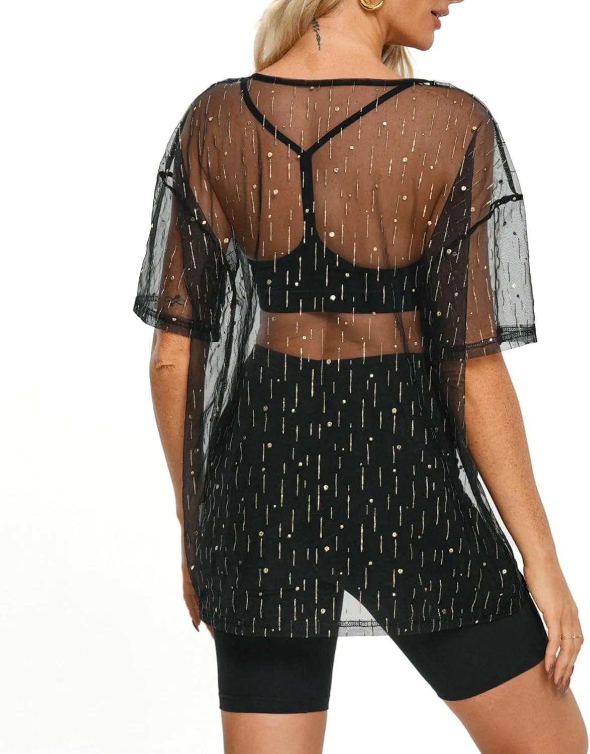 Womens Oversized T Shirts Short Sleeve Mesh Top Sheer Blouse See Through Glitter Tops Y2K Clubwear