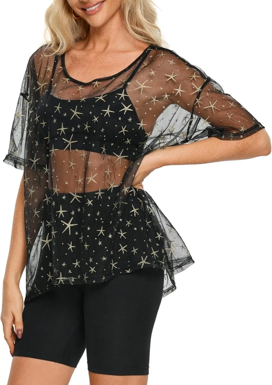 Womens Oversized T Shirts Short Sleeve Mesh Top Sheer Blouse See Through Glitter Tops Y2K Clubwear