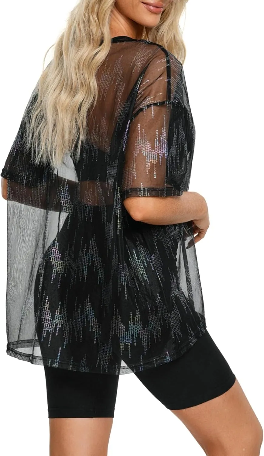 Womens Oversized T Shirts Short Sleeve Mesh Top Sheer Blouse See Through Glitter Tops Y2K Clubwear