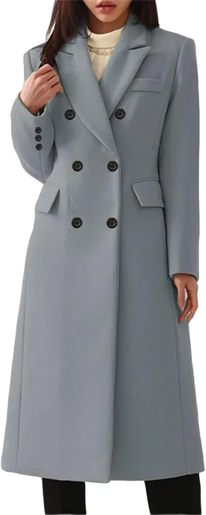 Women's Pea Coats for Winter Classic Notched Lapel Double-Breasted Overcoat Elegant Mid Length Wool Blend Jacket