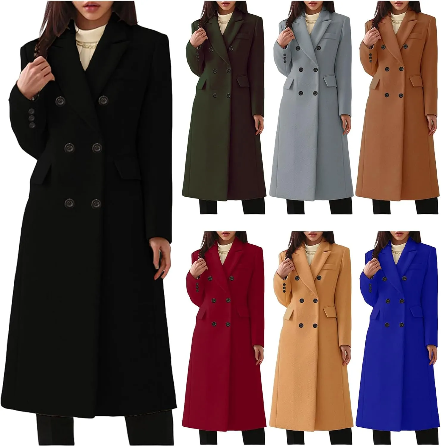 Women's Pea Coats for Winter Classic Notched Lapel Double-Breasted Overcoat Elegant Mid Length Wool Blend Jacket