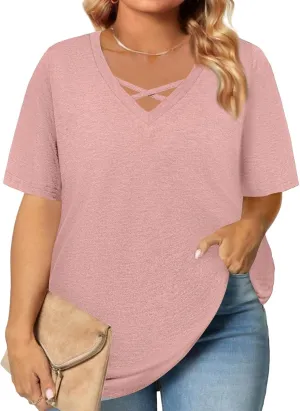 Womens Plus Size Tops Summer Elbow Sleeve Criss Cross V Neck T Shirts Loose Fit Casual Oversized Tshirts Blouses