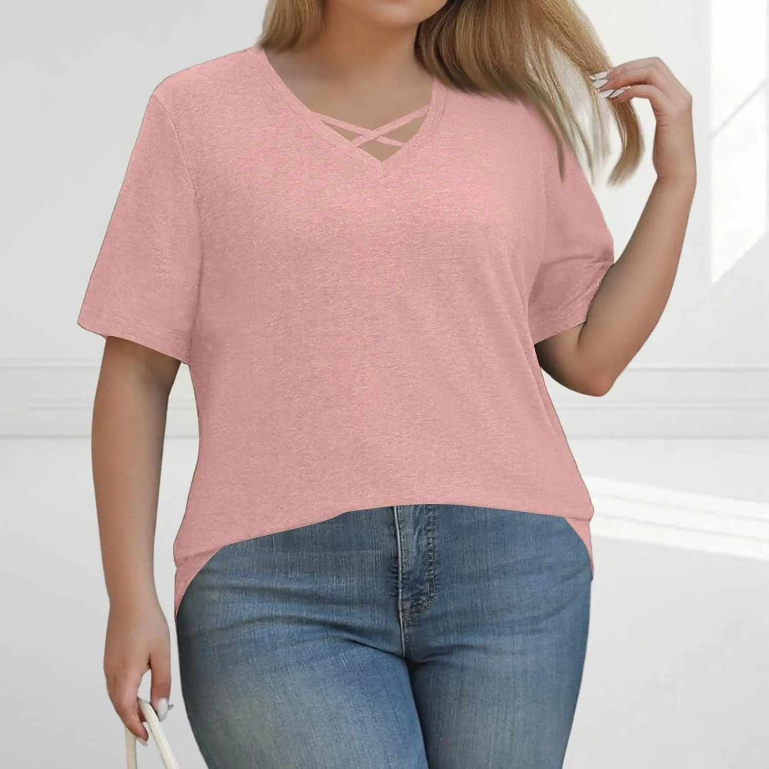 Womens Plus Size Tops Summer Elbow Sleeve Criss Cross V Neck T Shirts Loose Fit Casual Oversized Tshirts Blouses