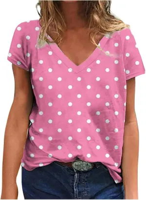 Womens Polka Dot Tops 2024 Summer Short Sleeve V Neck Tees Blouses Fashion Casual Loose Comfy Business Tshirts