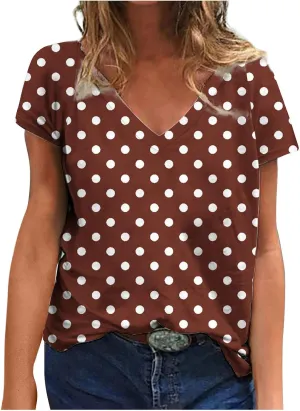 Womens Polka Dot Tops 2024 Summer Short Sleeve V Neck Tees Blouses Fashion Casual Loose Comfy Business Tshirts