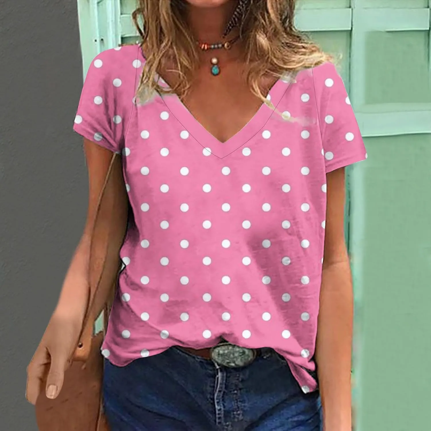 Womens Polka Dot Tops 2024 Summer Short Sleeve V Neck Tees Blouses Fashion Casual Loose Comfy Business Tshirts
